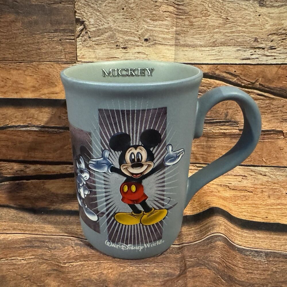 Walt Disney World Mickey Mouse Mug Blue Gray Matte Stoneware Coffee Cup Vintage